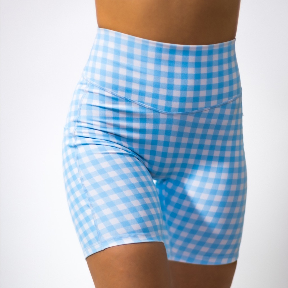 Light blue gingham no front seam pockets biker shorts